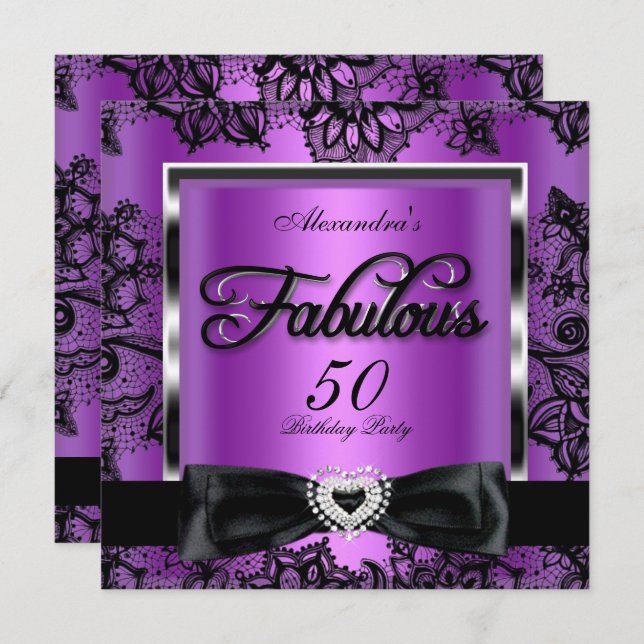 Invitación Fabuloso 50 Fiestas Purple Damask Black Lace (Anverso / Reverso)