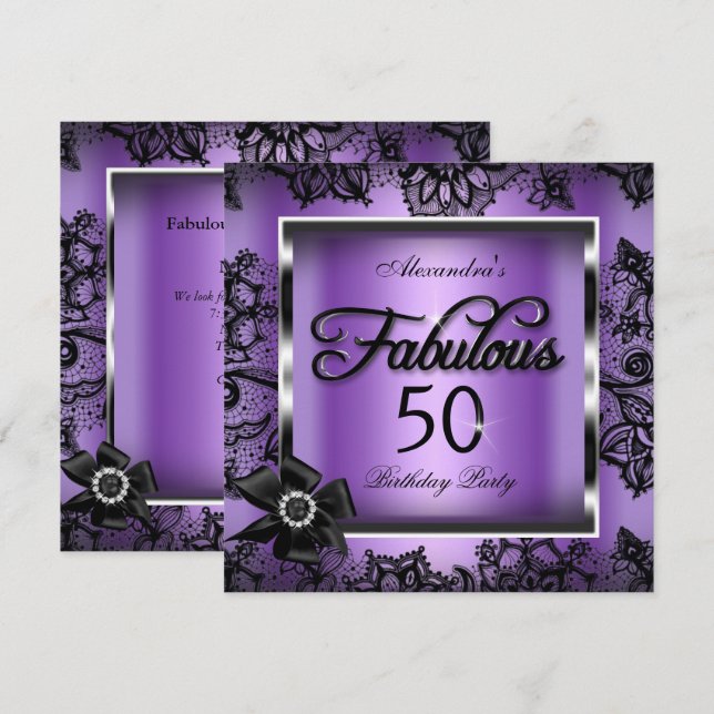 Invitación Fabuloso 50 Fiestas Purple Damask Black Lace Pearl (Anverso / Reverso)