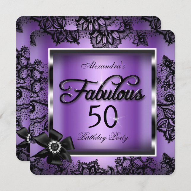 Invitación Fabuloso 50 Fiestas Purple Damask Black Lace Pearl (Anverso / Reverso)