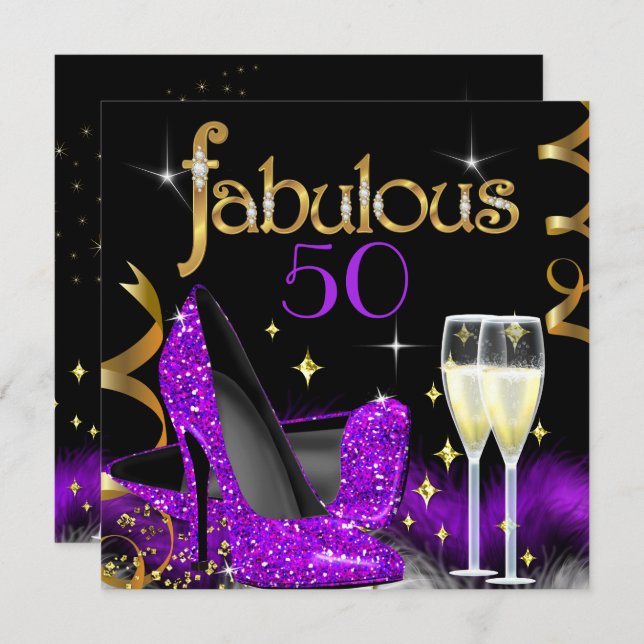 Invitación Fabuloso 50 Fiestas Púrpura de tacones altos Oro N (Anverso / Reverso)