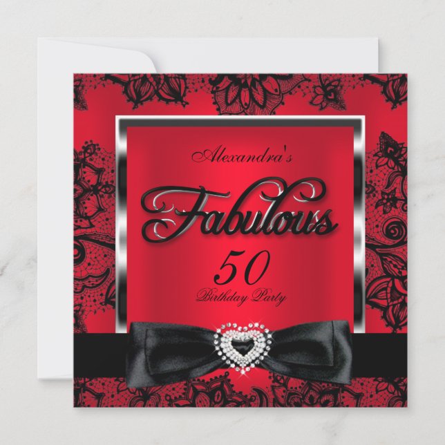 Invitación Fabuloso 50 Fiestas Red Damask Black Lace (Anverso)
