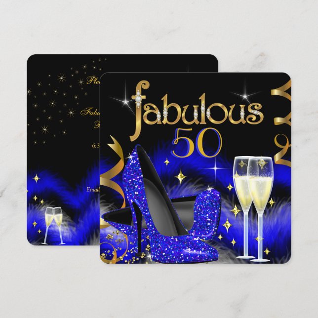 Invitación Fabuloso 50 Fiestas Royal Blue High Heels Gold Bla (Anverso / Reverso)