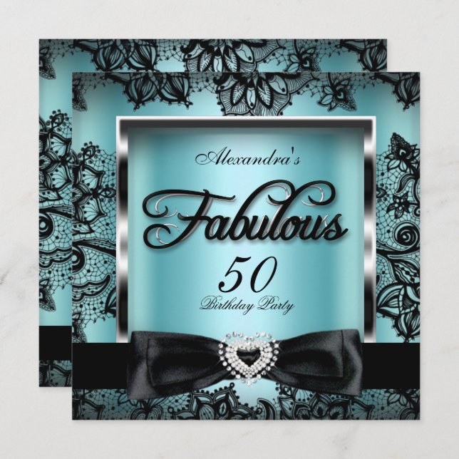 Invitación Fabuloso 50 Fiestas Verde azulado Blue Damask Blac (Anverso / Reverso)