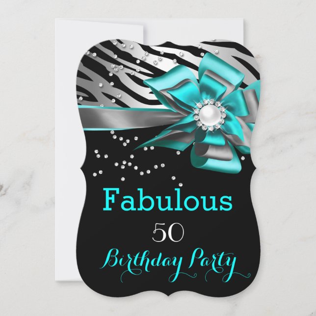 Invitación Fabuloso 50 Fiestas Verde azulado Zebra Black Silv (Anverso)
