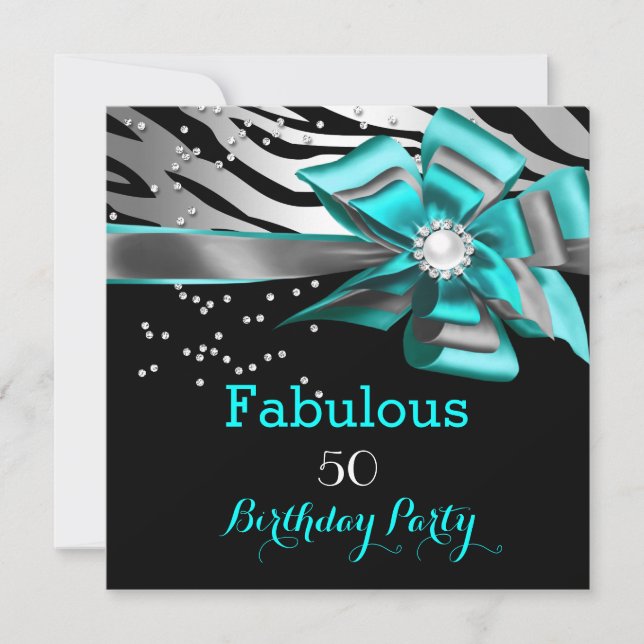 Invitación Fabuloso 50 Fiestas Verde azulado Zebra Black Silv (Anverso)
