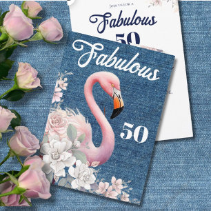 Invitación Fabuloso 50 Flamingo Cumpleaños Floral Rosa Elegan