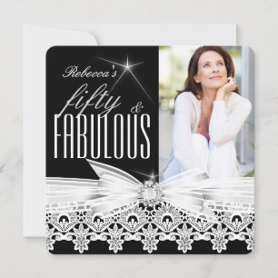 Invitación Fabuloso 50 Foto Encaje Negro Blanco Cumpleaños 50