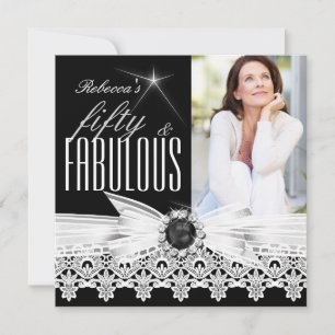 Invitación Fabuloso 50 Foto Encaje Negro Blanco Cumpleaños 50