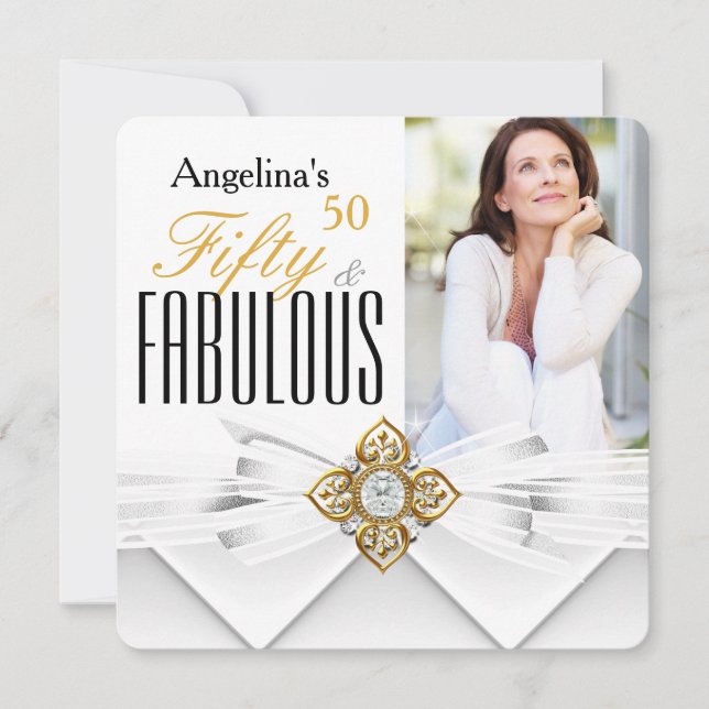 Invitación Fabuloso 50 Foto Oro Blanco Cumpleaños Moderno (Anverso)