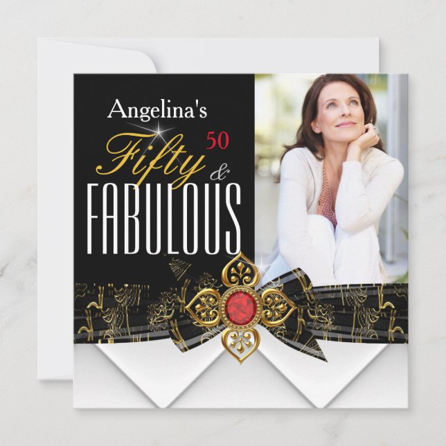 Invitación Fabuloso 50 Foto Red Gold Elegante Cumpleaños Mode (Anverso)