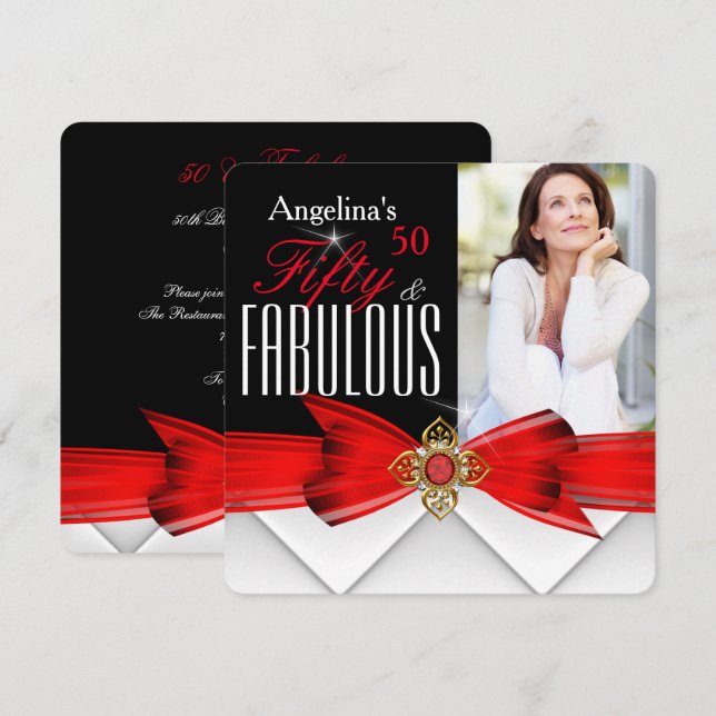 Invitación Fabuloso 50 Foto Red Gold Elegante Cumpleaños Mode (Anverso / Reverso)