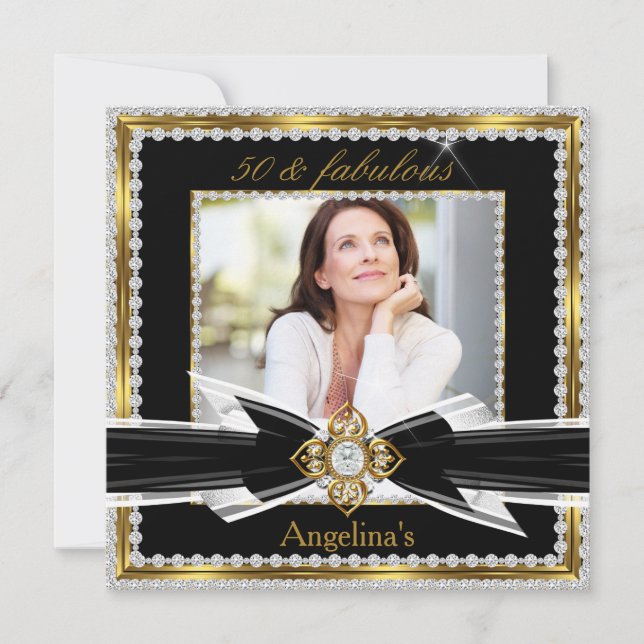 Invitación Fabuloso 50 Fotografía Black White Gold Diamond 2 (Anverso)