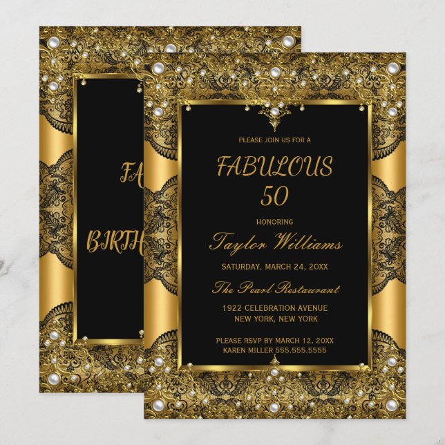 Invitación Fabuloso 50 Glamour Black Lace Pearl Gold (Anverso / Reverso)