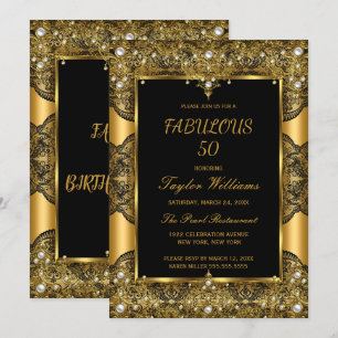 Invitación Fabuloso 50 Glamour Black Lace Pearl Gold
