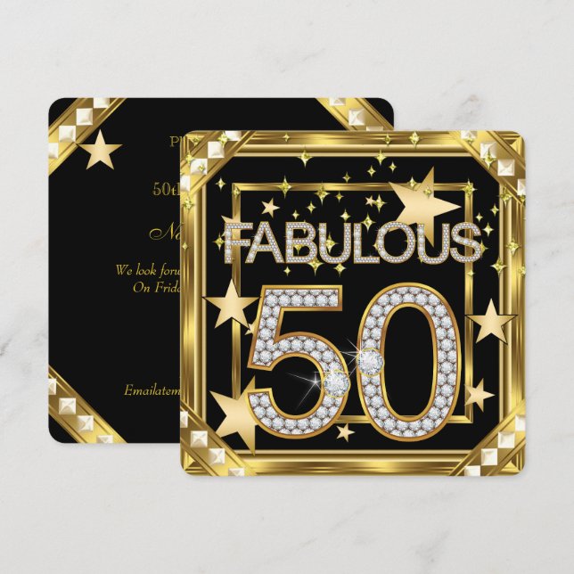 Invitación Fabuloso 50 Glamour retro marco dorado Hollywood 2 (Anverso / Reverso)