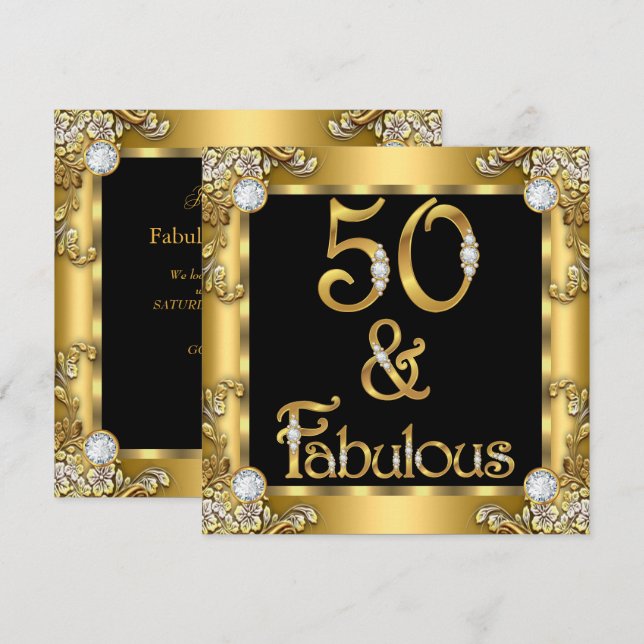 Invitación Fabuloso 50 Gold Black 50th Birthday Party (Anverso / Reverso)