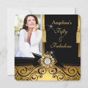 Invitación Fabuloso 50 Gold Black Damask Photo Birthday Party