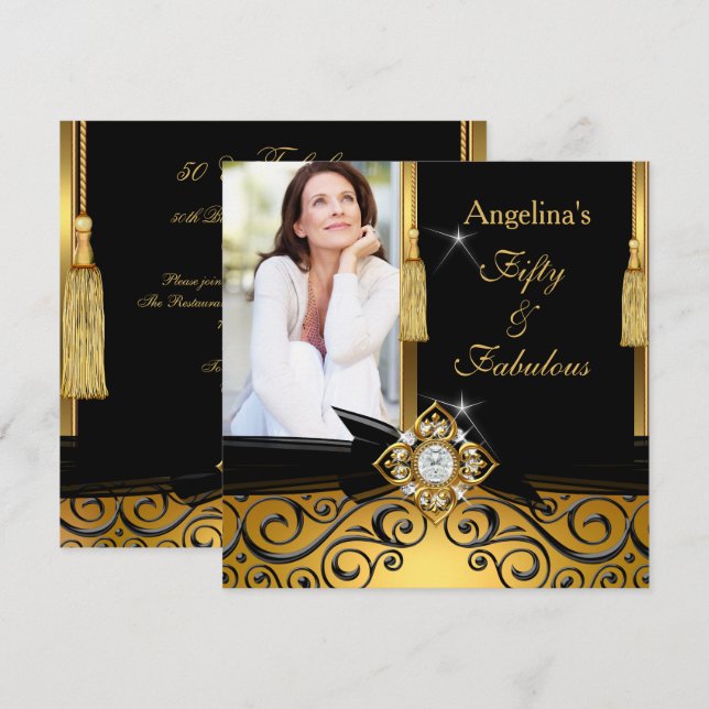 Invitación Fabuloso 50 Gold Black Damask Photo Birthday Party (Anverso / Reverso)