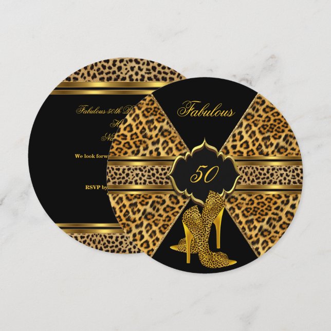 Invitación Fabuloso 50 Gold Black Leopard Hi Heels Cumpleaños (Anverso / Reverso)