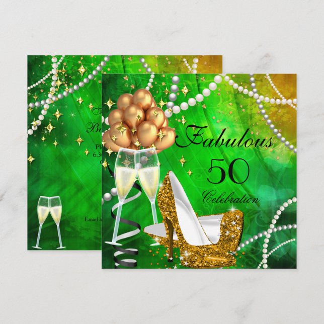 Invitación Fabuloso 50 Green Gold Heels Champagne cumpleaños (Anverso / Reverso)