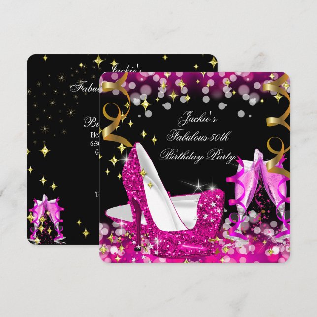 Invitación Fabuloso 50 Hot Pink Purpurina High Heel Cumpleaño (Anverso / Reverso)