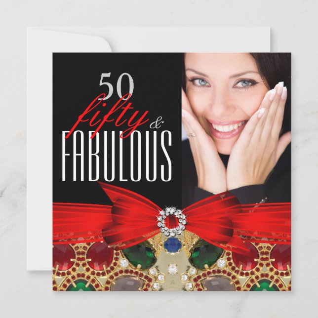 Invitación Fabuloso 50 Jewel Red Black Photo Birthday Party (Anverso)