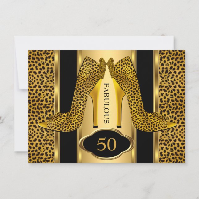 Invitación Fabuloso 50 Leopard Gold Cheetah High Heels Fiesta (Anverso)