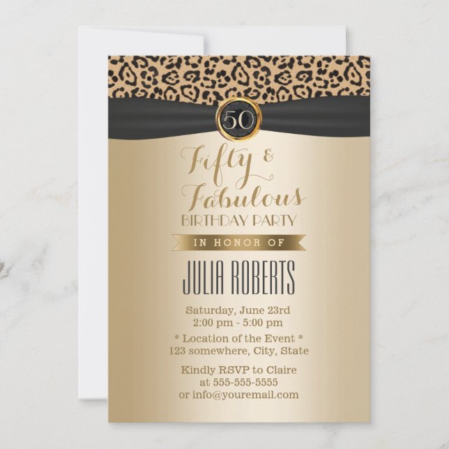 Invitación Fabuloso 50 Leopard Moden Black & Gold (Anverso)