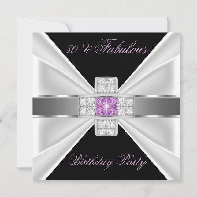 Invitación Fabuloso 50 Lilac Plata Rosa Diamante Blanco Negro (Anverso)