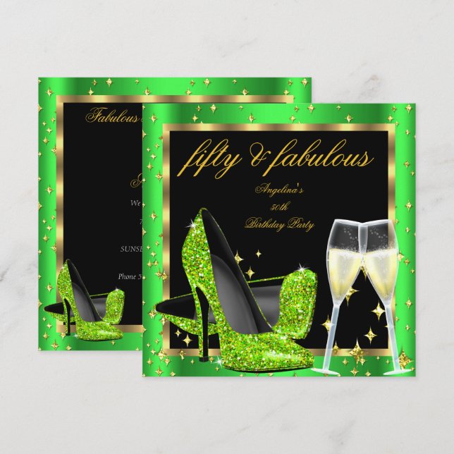 Invitación Fabuloso 50 Lime Green Champagne Heels Cumpleaños (Anverso / Reverso)