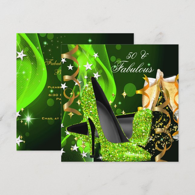Invitación Fabuloso 50 Lime Green Gold Heels Fiesta de cumple (Anverso / Reverso)