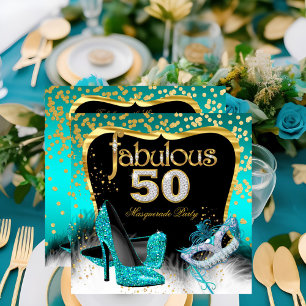 Invitación Fabuloso 50 Masquerade Fiesta Oro Verde azulado