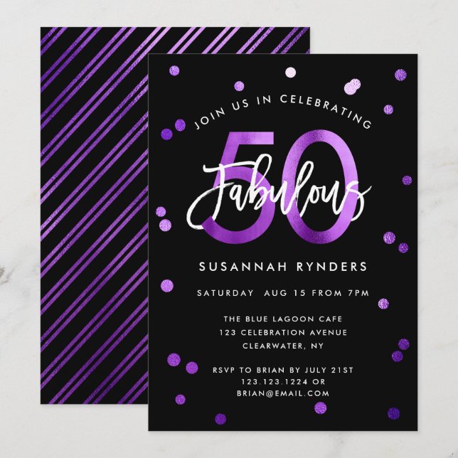 Invitación Fabuloso 50 | Moda moderna Cumpleaños púrpura (Anverso / Reverso)