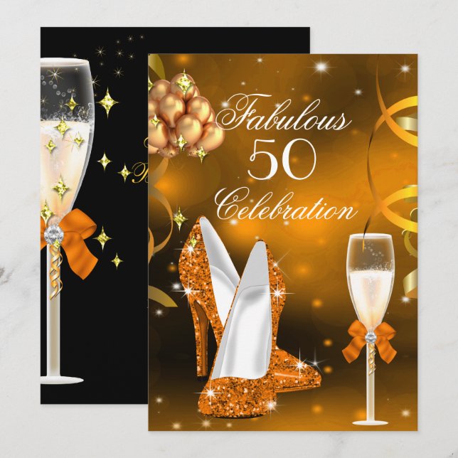 Invitación Fabuloso 50 Naranja de oro de alto talón Champagne (Anverso / Reverso)