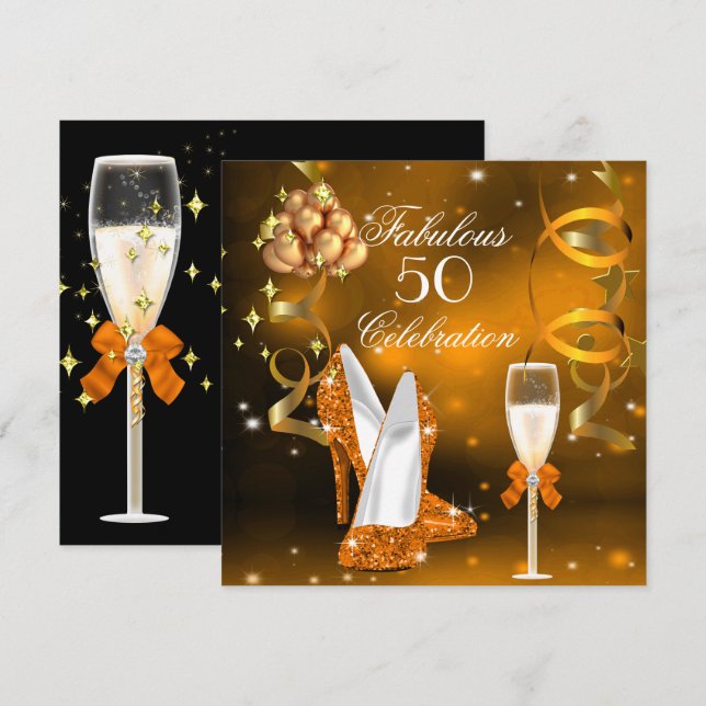 Invitación Fabuloso 50 Naranja de oro de alto talón Champagne (Anverso / Reverso)