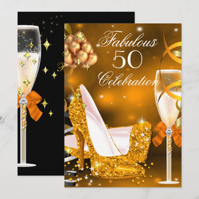 Invitación Fabuloso 50 Naranja de oro Fiesta de tacones altos (Anverso / Reverso)