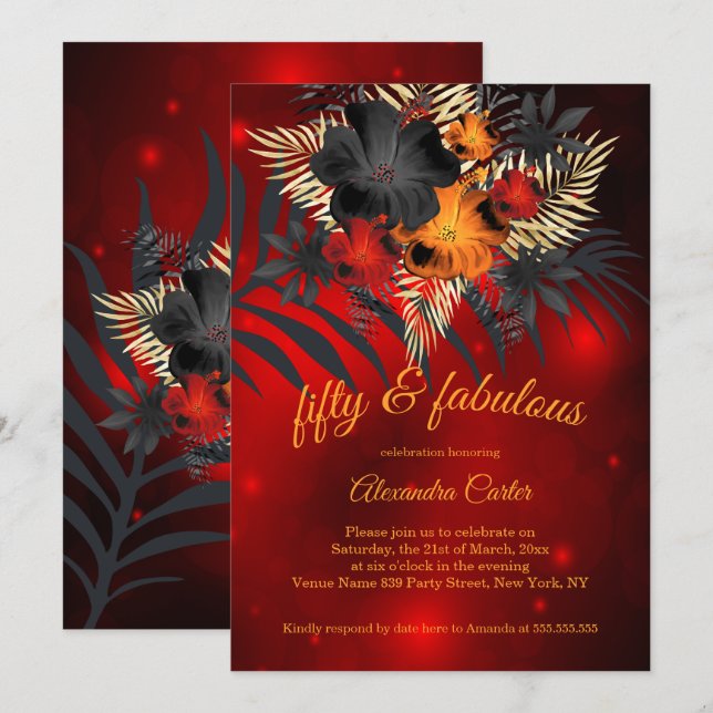 Invitación Fabuloso 50 Naranja rojo brillante Hibiscus negro (Anverso / Reverso)
