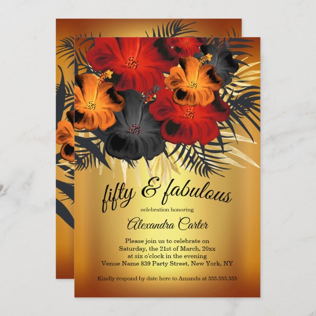 Invitación Fabuloso 50 Naranja rojo dorado fiesta hibiscus ne (Anverso / Reverso)
