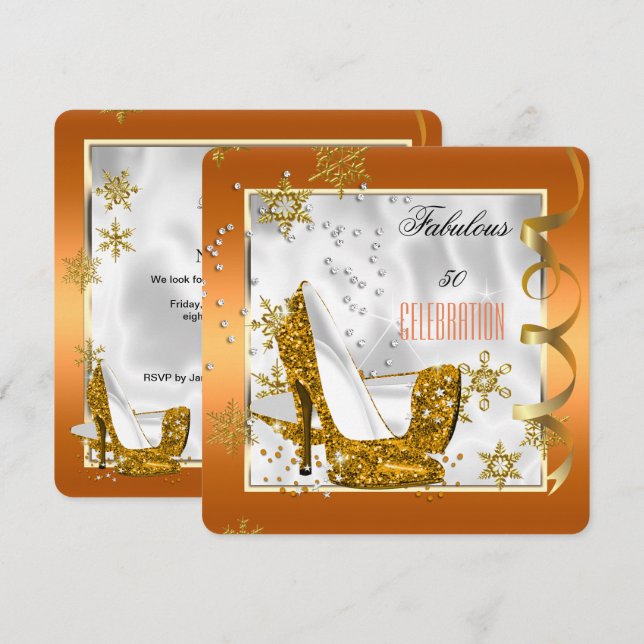 Invitación Fabuloso 50 Naranjas Gold White Heels Fiesta de cu (Anverso / Reverso)