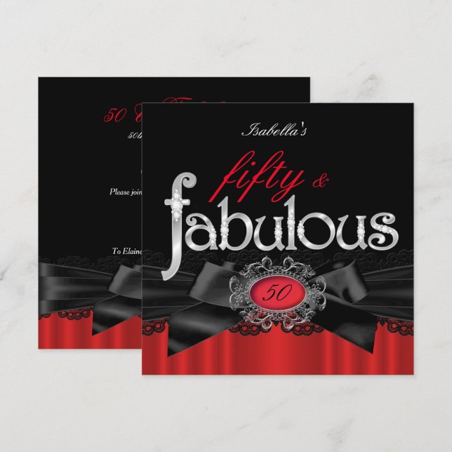 Invitación Fabuloso 50 Partido de Cumpleaños Red Black Lace (Anverso / Reverso)