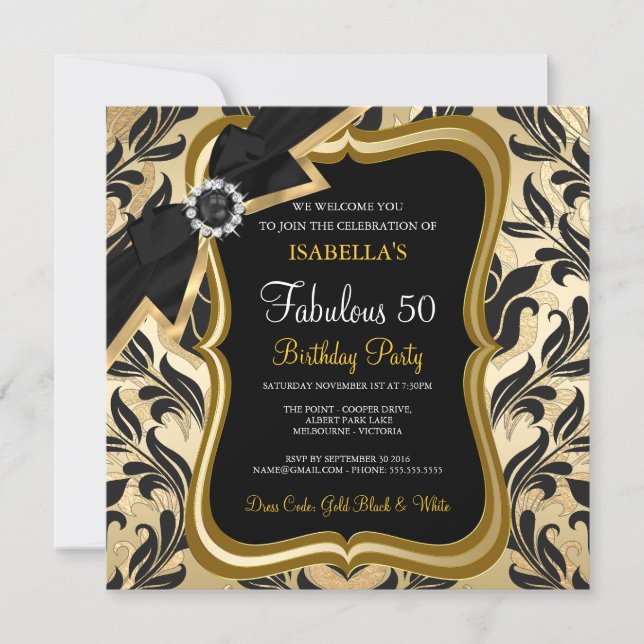 Invitación Fabuloso 50 Pearl Gold Bow Black Damask Invite (Anverso)