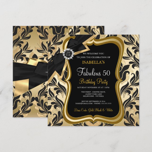 Invitación Fabuloso 50 Pearl Gold Bow Black Damask Invite (Anverso / Reverso)