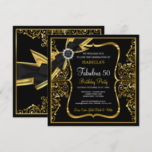 Invitación Fabuloso 50° Pearl Gold Lace Bow Black Invite