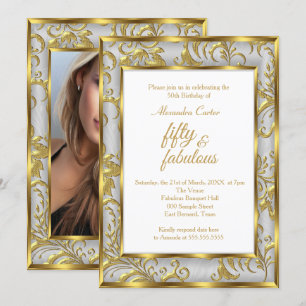 Invitación Fabuloso 50 Photo Damask oro cumpleaños de plata g