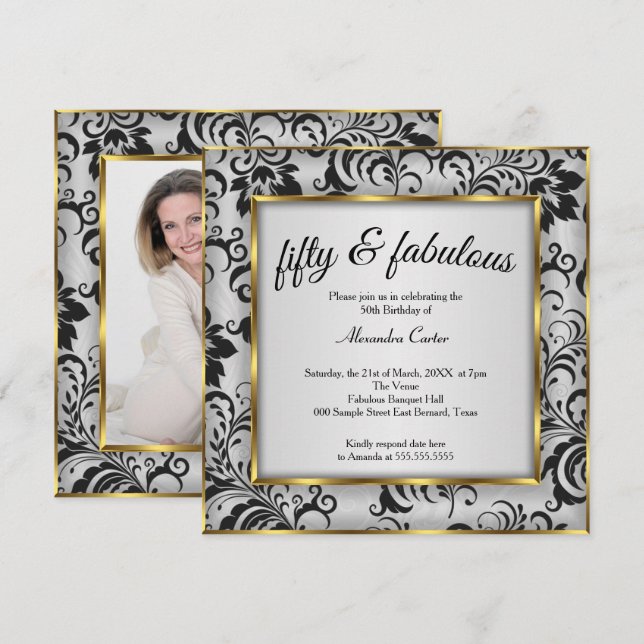 Invitación Fabuloso 50 Photo Gold gris cumpleaños Black Damas (Anverso / Reverso)