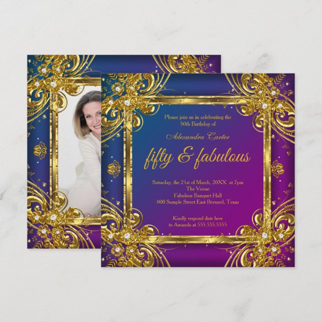 Invitación Fabuloso 50 Photo Gold Mulberry Blue Fiesta (Anverso / Reverso)