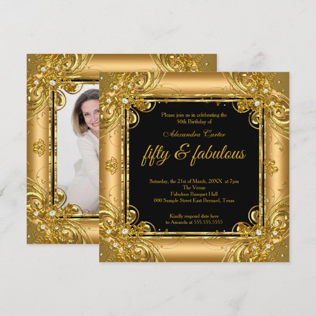 Invitación Fabuloso 50 Photo Gold negro Diamond cumpleaños (Anverso / Reverso)