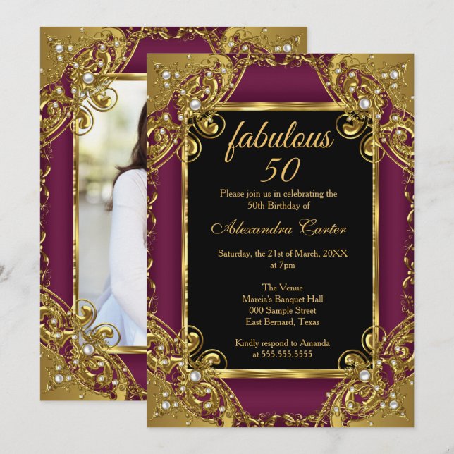 Invitación Fabuloso 50 Photo Plum Gold Pearl Birthday Party (Anverso / Reverso)