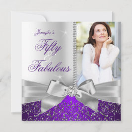 Invitación Fabuloso 50 Photo Silver Purple Bow 50 cumpleaños