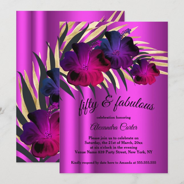 Invitación Fabuloso 50 PInk Plum Purple Gold Hibiscus fiesta (Anverso / Reverso)